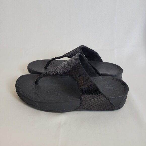 FitFlop Lulus Black Sequin Flip Flops Sandals Size 10 Women's Fitness Beach Walk - Picture 2 of 9